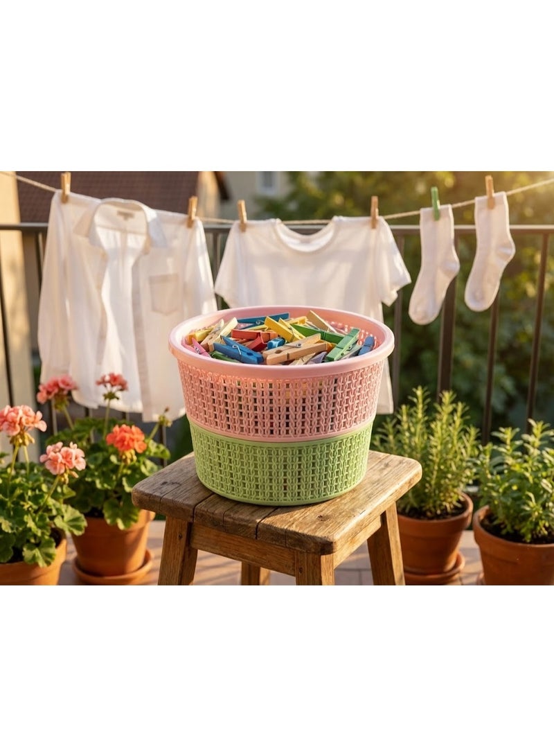 Round Plastic Clothespin & Storage Basket with Lid - Woven Design Multipurpose Organizer Bin - Pastel Green & Pink - Image 3